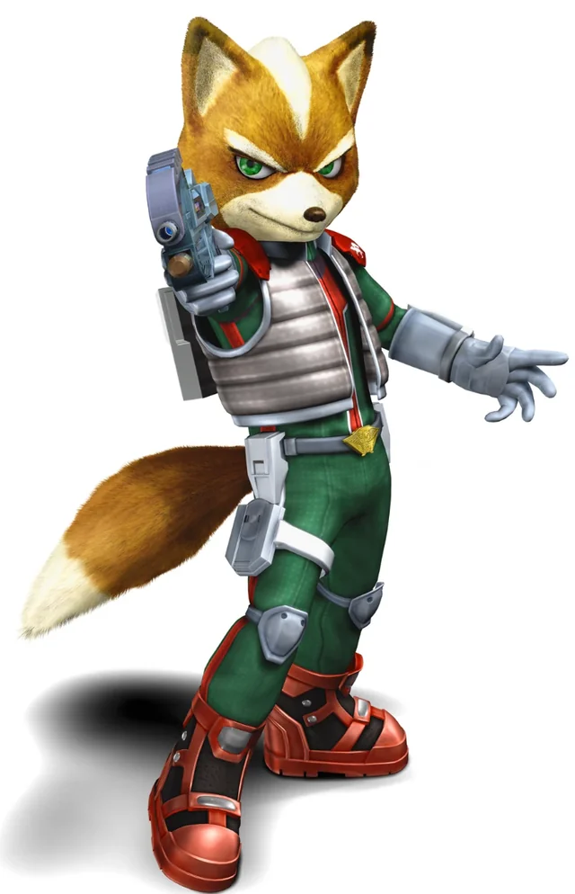 fox mccloud from star fox assault in a green suit with silver gloves, kneepads, and vest, smirking and looking at the viewer, holding his blaster in the viewer's direction